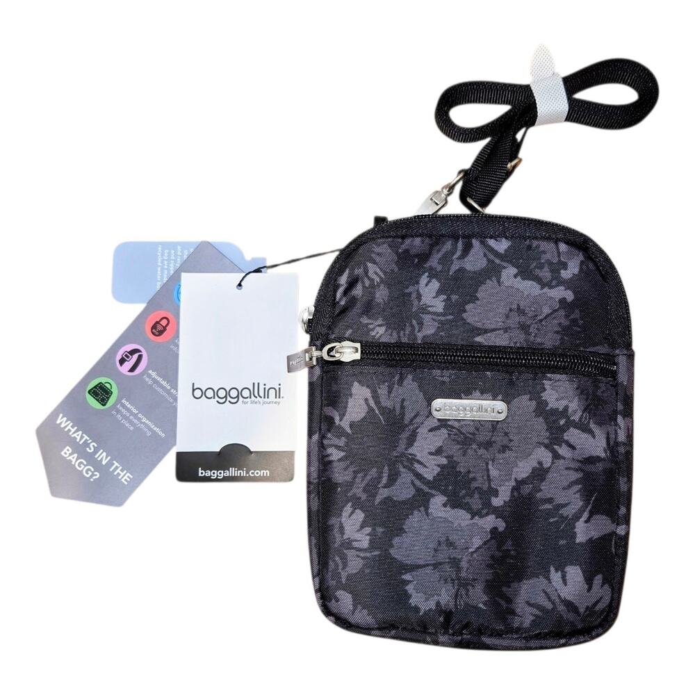 NWT Baggallini Bryant Crossbody Pouch Bag Black Floral RFID Wallet Phone Pocket